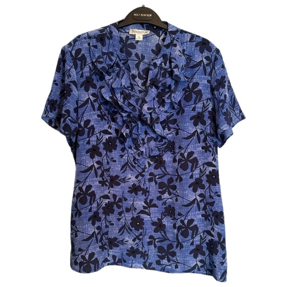 Pendleton 100% Silk Blue Black Floral Ruffle Button Blouse Top Summer  EUC Sz 16 - Picture 2 of 14